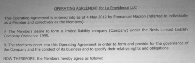 Screenshot of document showing Macron’s name on the operating agreement for La Providence LLC