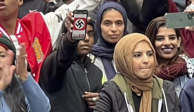 NEW YORK: Demonstrator at NYC Pro-Jihad Rally Displays Nazi Symbol on Phone thumbnail