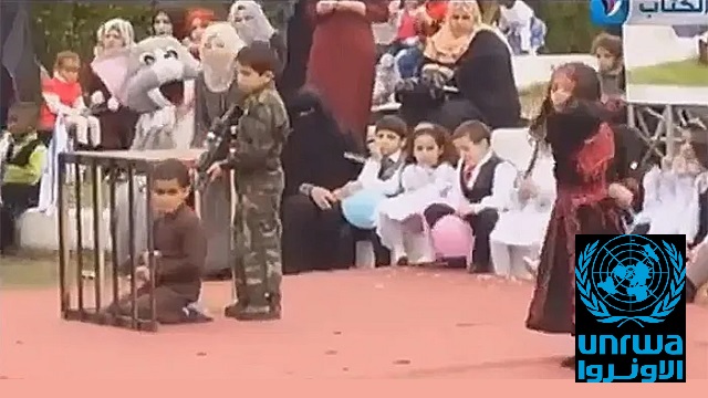 UNRWA KIDS SCHOOL PLAY: Jews in cages, guns, knives, blood thumbnail