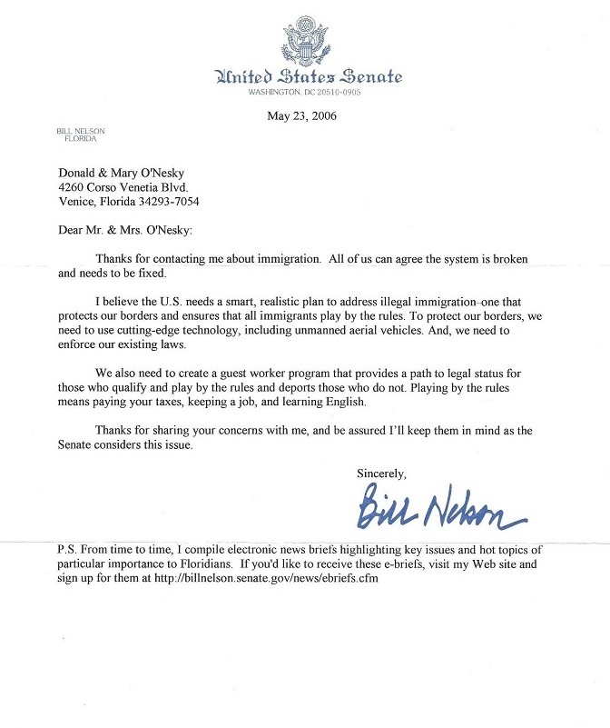 letter from fl senator nelson on immigration