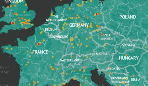 Dots represent terrorist attacks across Europe. NOTE: There are no dots in Poland.