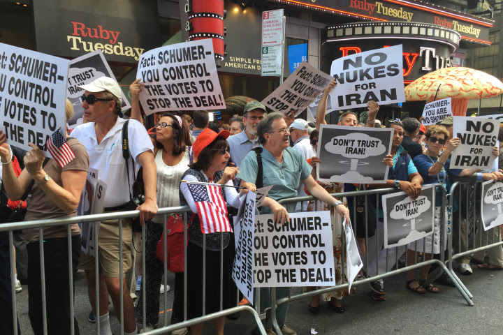 Thousands of protesters are expected in Times Square Wednesday, July 22, 2015, to rally against the controversial deal to lift sanctions against Iran in exchange for limits on its nuke program. (New York Post/Annie Wermiel)