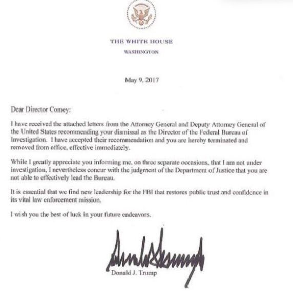 President Trump's letter firing James Comey. Photo: White House
